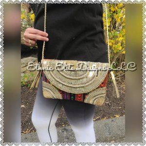 New Handmade Jute Bag - Silver And Gold Leather Sling Style - Crossbody